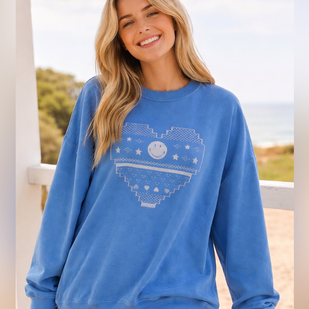 Aerie | Oversized Blue Graphic Sweatshirt -Cozy Lounge -Smiley Heart - NWOT